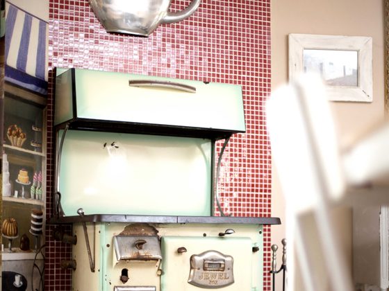 A restored enamel stove in the guest house kitchen.